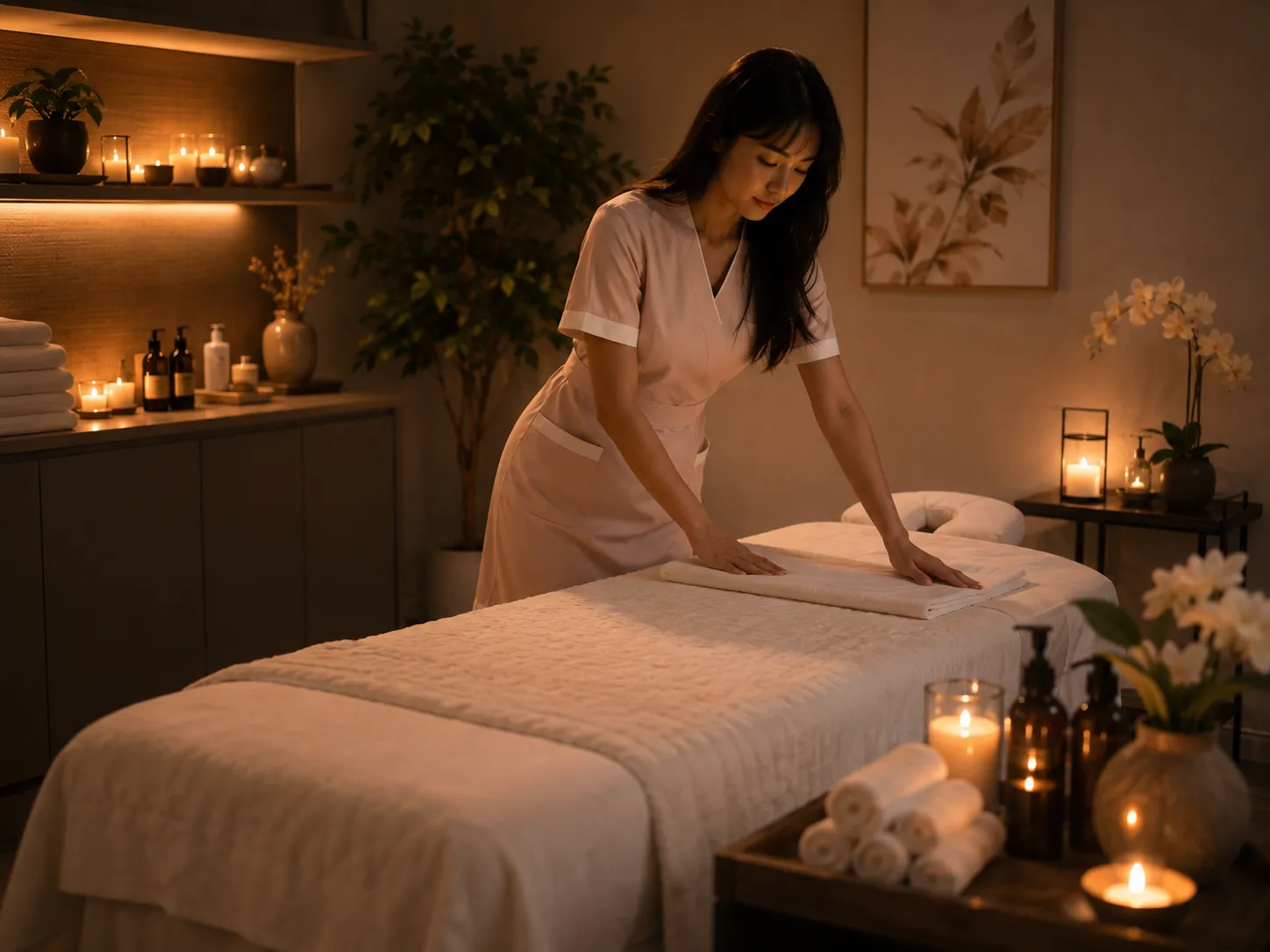 Relaxing spa treatment with towels and natural details